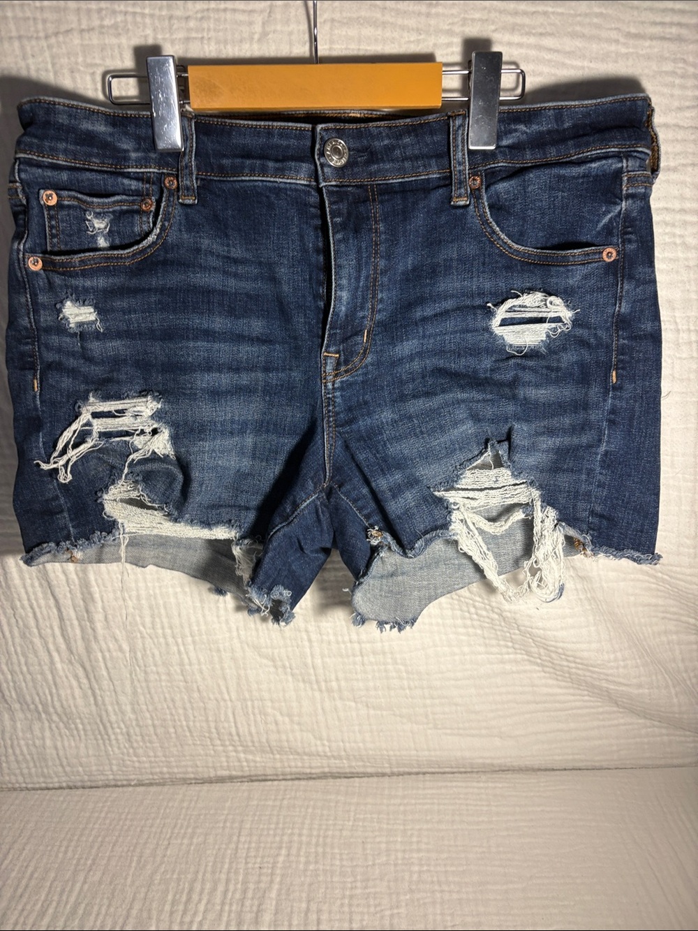 American Eagle Outfitters Distressed Dark Blue Jean Cutoff Shorts